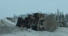 Fuel tanker tips on Dempster Highway near Fort McPherson, N.W.T.